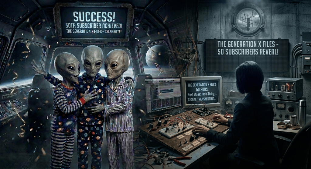 Split scene with aliens and livestream team celebrating “SUCCESS! 50TH SUBSCRIBER ACHIEVED!”