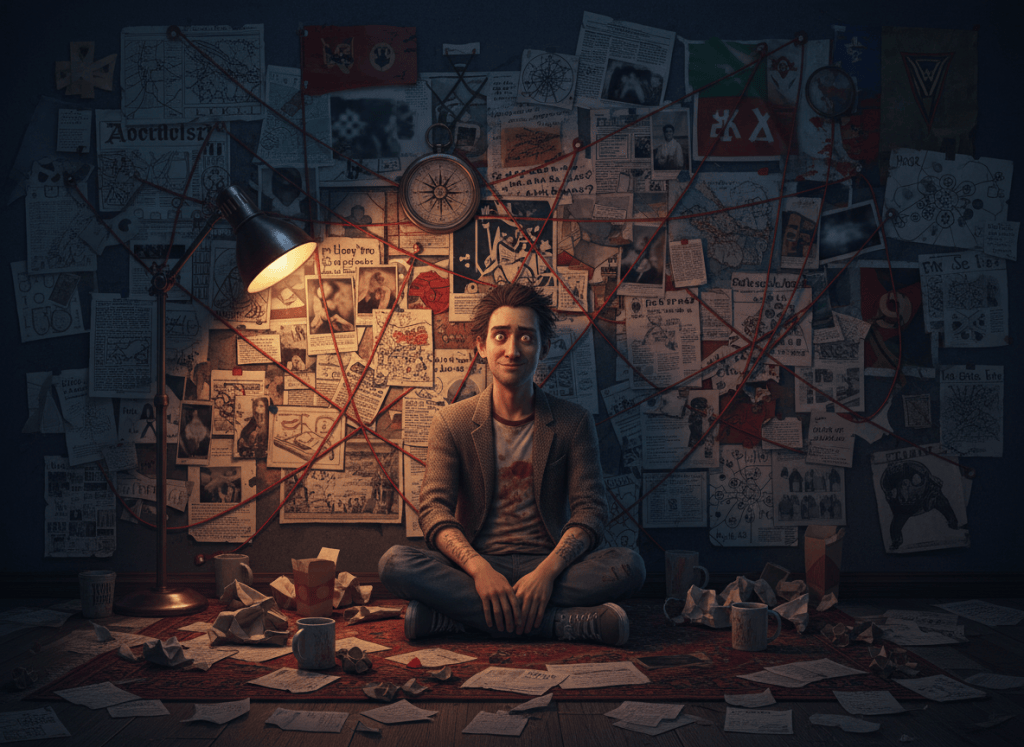 A cinematic, semi-realistic editorial illustration for a blog post about questioning official narratives, false flags, and searching for truth. Show an original, dishevelled amateur investigator sitting on the floor in front of an enormous chaotic clue wall: red string connecting newspaper clippings, maps, historical symbols, suspicious flags, a compass, a tattoo sketch reading “True Faith”, and handwritten questions such as “Who benefits?” and “Look closer”. The character should look intense, sleep-deprived and slightly absurd, surrounded by coffee mugs and scattered notes, but not a direct likeness of any existing television character and with no recognisable copyrighted set or actor. Moody cinematic lighting, deep reds, amber desk light, blue shadows, dark humorous tone, landscape composition, no logos, no prominent readable text except the small tattoo phrase and a few indistinct notes.