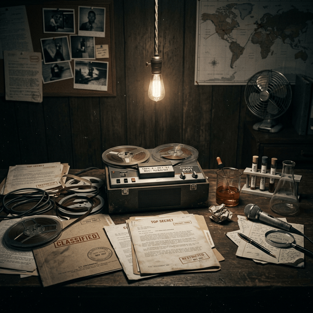Vintage espionage desk with reel recorder, classified files, maps, and evidence
