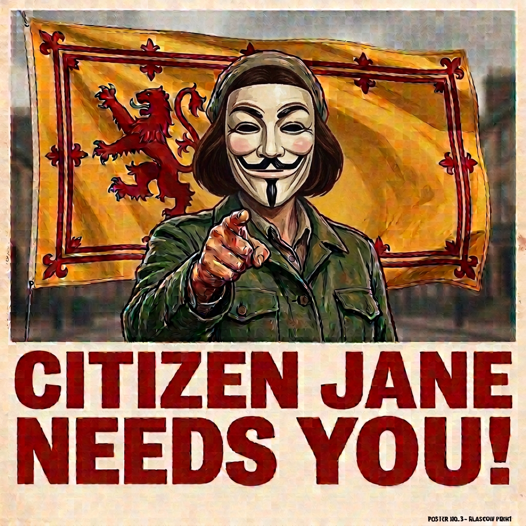 Poster reading “CITIZEN JANE NEEDS YOU! JOIN THE MOVEMENT TODAY. SERVE SCOTLAND. POSTER NO. 3 - GLASGOW PRINT,” with a woman pointing before a Scottish flag.